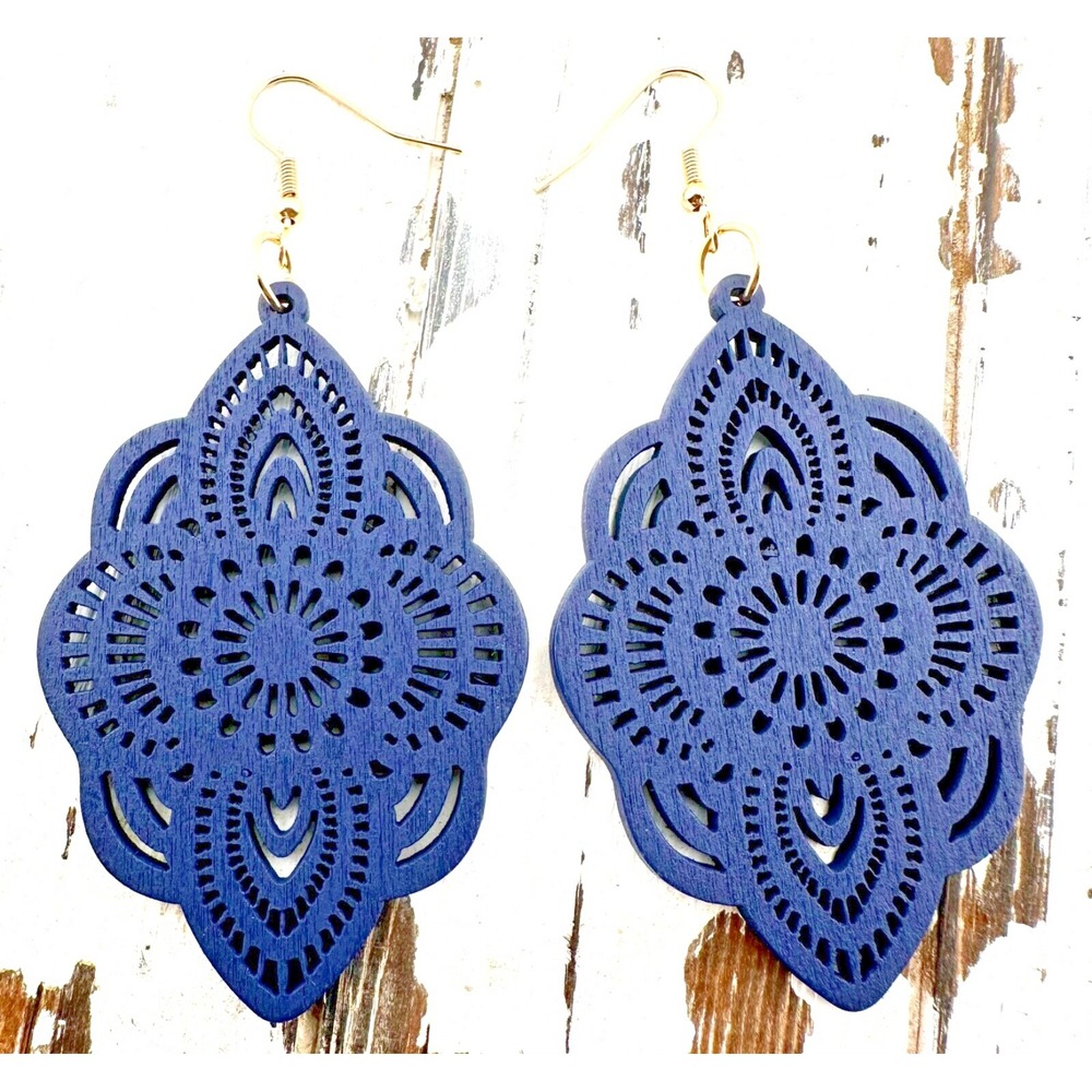 Mandala Earrings Navy Blue Stained Laser Cut Wood